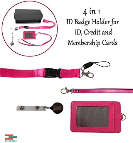 4 in 1, Pink 2-Sided Vertical Leather Credit Card and ID Holder with Detachable Lanyard. 1 Neck Lanyards with Detachable Buckle. 1 Heavy Duty Retractable Badge Reel with Belt Clip for ID Badge