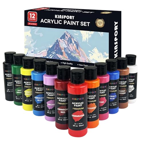 KINSPORY Acrylic Paints 12 x 60 ml, Acrylic Paint – Waterproof, Non-Toxic – for Canvas, Wood, Glass, Stone – Ideal for Artists, Beginners and Children