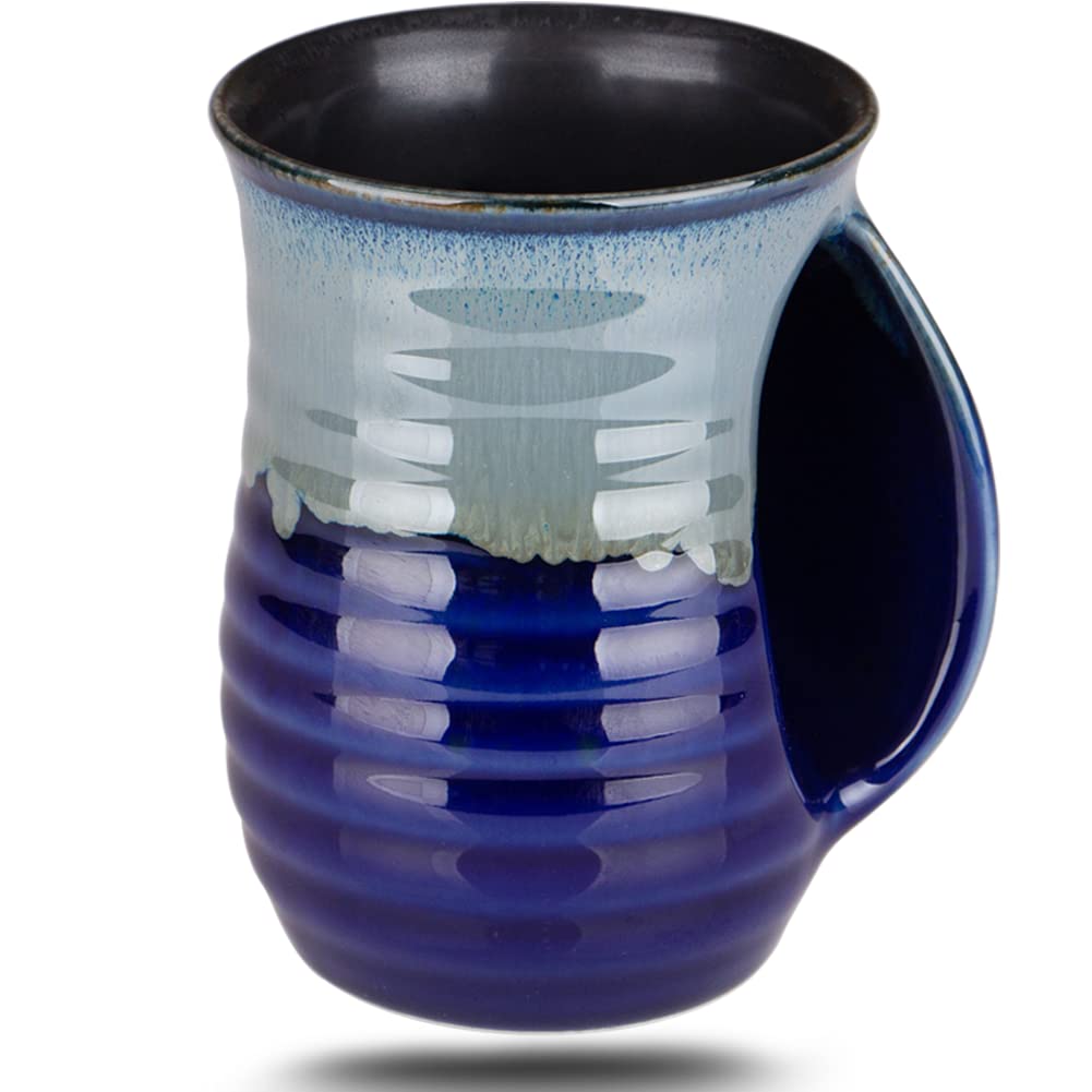 Hand Warmer Mug for Coffee Handmade Pottery (UPGRADED) - 16 Ounce Large Handwarmer Mugs Ceramic with Pocket Handles Gift for New Year Christmas, Keep Your Fingers Warming, Right Handed