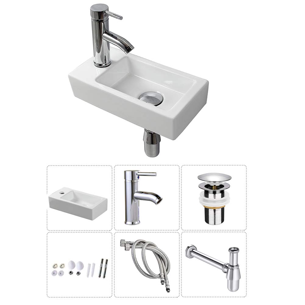 Photo 1 of Wall Hung Basin Sink Small Cloakroom Basin Rectangle Ceramic Wash Basin Left Hand with Tap & Drain(Art Deco)
