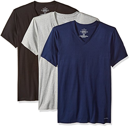 Calvin Klein Men's Undershirts, 3 Pack Cotton Short Sleeve V-Neck, Black/Grey Heather/Blue Shadow, Small
