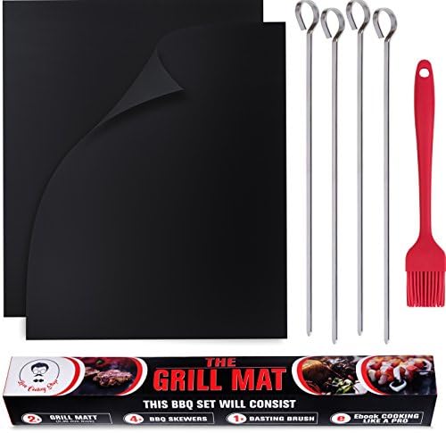 Best Quality 0.30mm Non-Stick BBQ Grill Mat FDA-APPROVED | Heavy duty reusable Baking Mat (2-pack) + Heat Resistant Basting Brush + Stainless Steel Skewers (set of 4)+ eBook on Cooking like a Pro