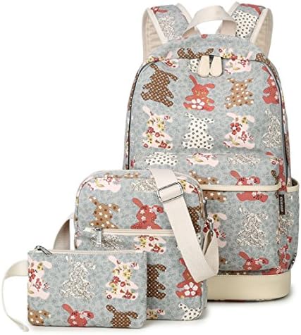 Debbieicy Cute Canvas 3ps Backpack Shoulder Bag Clutch Bag School bags Set for Teens Color Rabbit-Grey