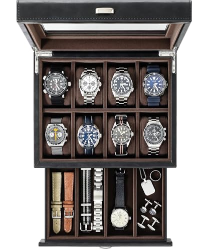 TAWBURY Bayswater 8 Slot Watch Box with Drawer (Black/Grey) with a Set of 8 X-Small Pillows to Fit 5.5-6.5