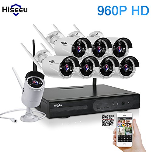 Hiseeu Wireless CCTV System 960P 8ch Powerful Wireless 1080P NVR , 8PCS 1.3Megapixel Wireless Weatherproof Bullet IP Cameras CCTV surveillance,Plug and Play,P2P,App Remote ,Home Security System NO HDD