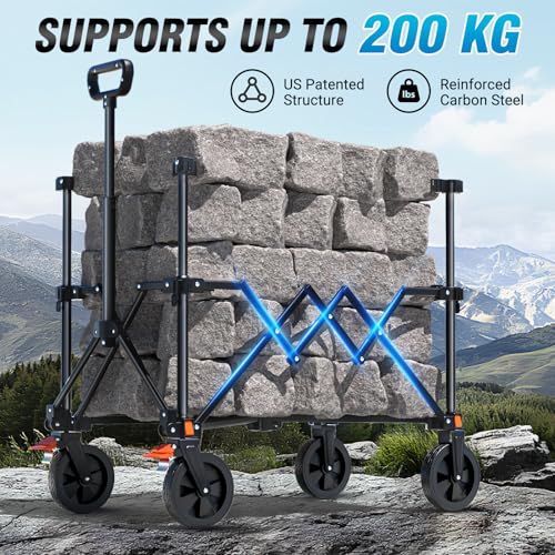 Elegear Beach Cart with Brakes 200L, Folding Garden Cart with Adjustable Handle and Cup Holder, Foldable Transport Cart for Camping Shopping Sports, Black