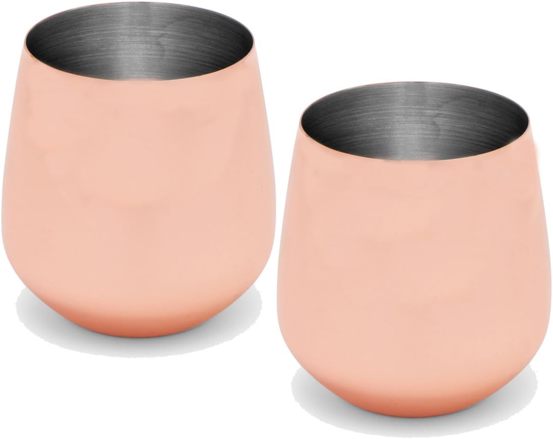 Silver One Stainless Steel Copper Plated Finish Stemless Wine Goblets, 20 oz - Two Pack