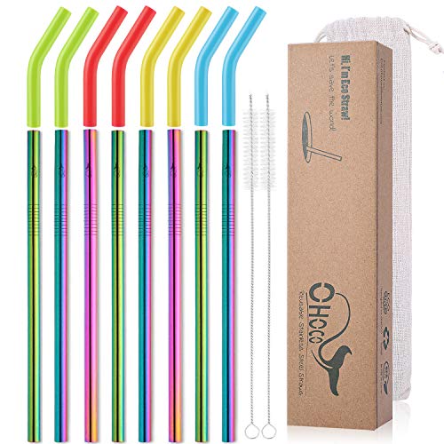 Reusable Stainless Steel Metal Drinking Straws with Flexible Silicone Tips - Extra Long x 8mm Wide for 30oz 20oz Tumblers, Set of 8 with 2 Cleaning Brushes 1 Portable Case, Rainbow