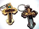 2 Stylish Cross Keychains Holy Water & Holy Earth Gems Wood Key Ring