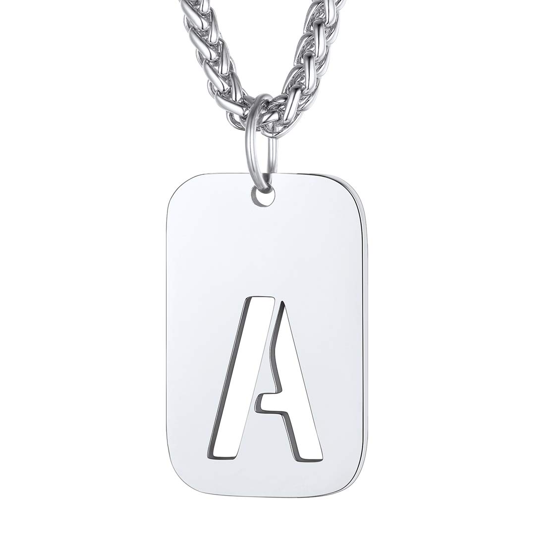 FindChic Mens Chain Necklace Silver with Initials A Stainless Steel Chains Men's Dog Tags Pendant Letter Necklaces Hypoallergenic Jewellery for Men Women