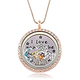 HotBuyKing TM: Perfect Gift - Rhinestone Round Floating Locket With Five-piece Bonus Charms and I Love You To The Moon And Back Steel Plate + Free Velvet Gift Bag (Rose Gold)