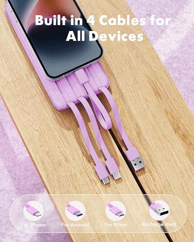 Portable Charger with Built in Cables, Portable Charger with Cords Wires Slim 10000mAh Travel Essentials Battery Pack 6 Outputs 3A High Speed Power Bank for iPhone Samsung Pixel LG Moto iPad (Purple)