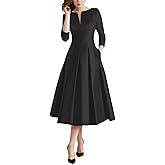 Caodip Satin Wedding Guest Dresses for Women Tea Length Mother of The Bride Dress A Line 3/4 Sleeves Evening Gown
