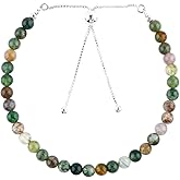 CRYSTALINES Natural Gemstone Dainty Bolo Bracelet, Round Beaded Stones, Handmade Boho Jewelry, Wicca & Reiki Healing Crystals, Adjustable Silver Chain, Christmas Gift for Women (10inch)