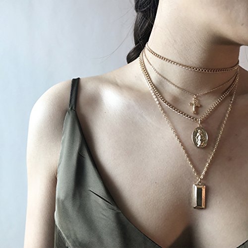 Dolland Bohemian Retro Carved Coin Bullion Virgin Mary Cross Pendant Clavicle Necklace Multi-Layer Bead Chain Necklace,Sliver Bullion - Thumbnail 2