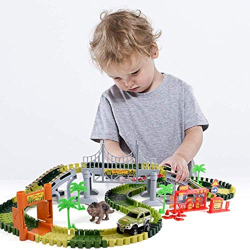 baccow Kids Dinosaur World Toys for 3 4 5 6 7 8 Year Old Boys and Girls, 142 Flexible Assembly Train Tracks Car Toys 2 Dinosaurs(Extra 1 Set Traffic Signs)