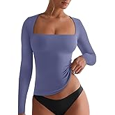 REORIA Fall Sexy Basic Square Neck Tops for Women Long Sleeve Double Lined Full Length Fitted T Shirts Tops