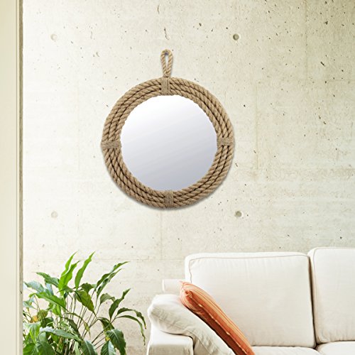 Stonebriar SB-5389A Small Round Wrapped Rope Mirror with Hanging Loop, Vintage Nautical Design, Brown , Tan