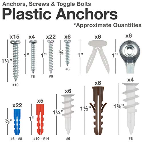 Qualihome Drywall and HollowWall Anchor Assortment Kit, Anchors, Screws, Wall Anchor Hooks, and