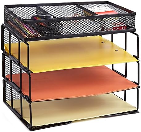 ProAid Mesh Office Desk Organizer 3-Tier Stackable Letter Tray Organizer Sorter with 3 Compartments, Black