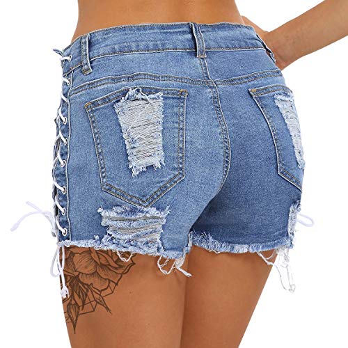 Women's Destroyed Ripped Hole Denim Shorts Sexy Short Jeans Side Straps