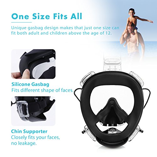 VICOODA Full Face Snorkel Mask for Kids and Adults【2018 New Version】,180°Panoramic View,Anti-Fog,Anti-Leak,One Size Snorkeling Mask with GoPro Mount,Fits All 30-50 Meters Deep Diving - Black - Thumbnail 3