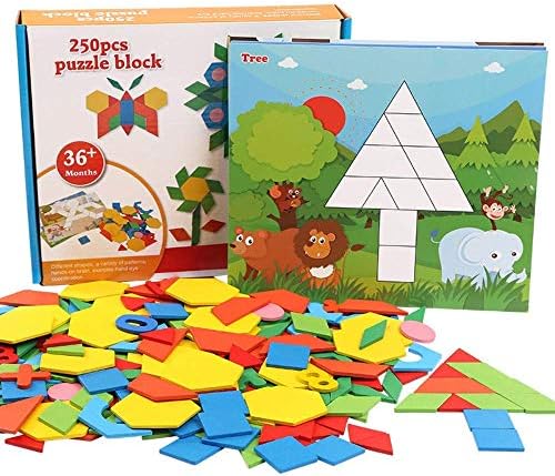 Abester Wooden Pattern Puzzle Blocks, 250 Pcs Colorful Geometry Shapes Jigsaw Tangram Blocks Match Games with Number 0-9 & 10 Shape Cards,