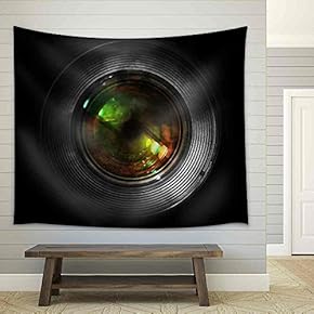 DSLR Camera Lens, Front View, Black Background. - Fabric Wall Tapestry Home Decor - 51x60 inches