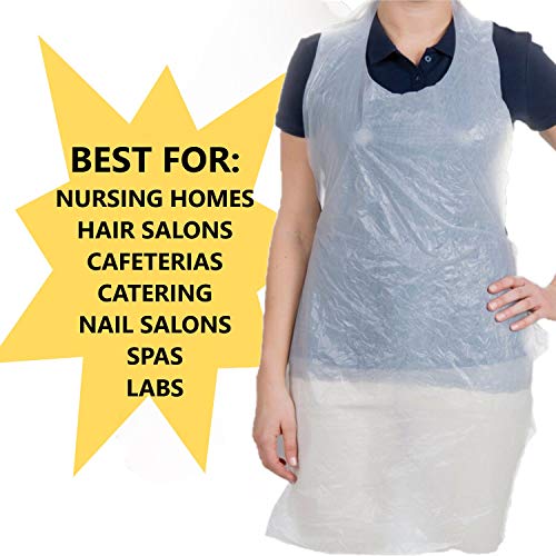 Disposable Poly Aprons 100 pack 28 X 46 inches Large White Protective Apron for Commercial or Household Use - Throw Away for Hair Salon Spa or Art Studio