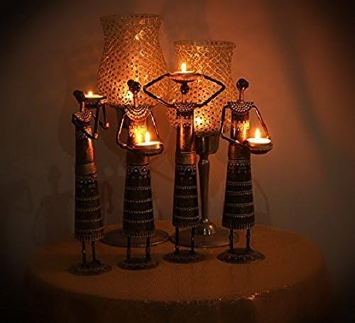 VIVAAN EXIM Iron Tribal Doll Set of 4 TEALIGHT Candle Holder Antique Rajasthani Pink City Metal Traditional Handmade Handicraft Decorative Gift Item Home Decor T Light SHOWPIECE