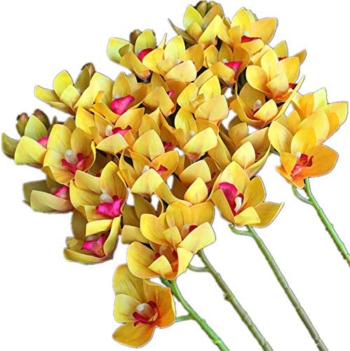 jiumengya 4pcs Latex phalaenopsis Orchid 10 Heads Cymbidium Flower Plant Artificial Real Touch 7 Color Butterfly Orchid 30" for Wedding Centerpieces Decorative Flowers (Yellow)