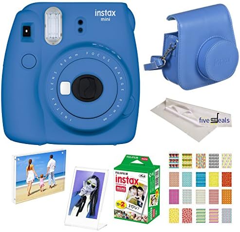 Fujifilm Instax Mini 9 instant Fuji Camera, COBALT BLUE + Camera Case + instant Mini 9 Film Twin Pack + instax Picture Frame + Magnet Frame + 20 Border Stickers Kit +FREE Cleaning cloth (Cobalt Blue)