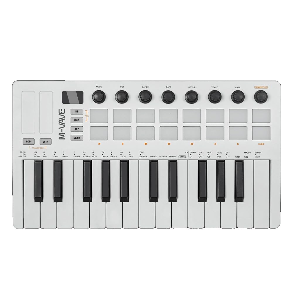M-Vave SMK 25 MKII - Wireless BT Midi Keyboard Controller with 16 Backlit Drum Pads, 8 Buttons, Arpeggio, USB, White