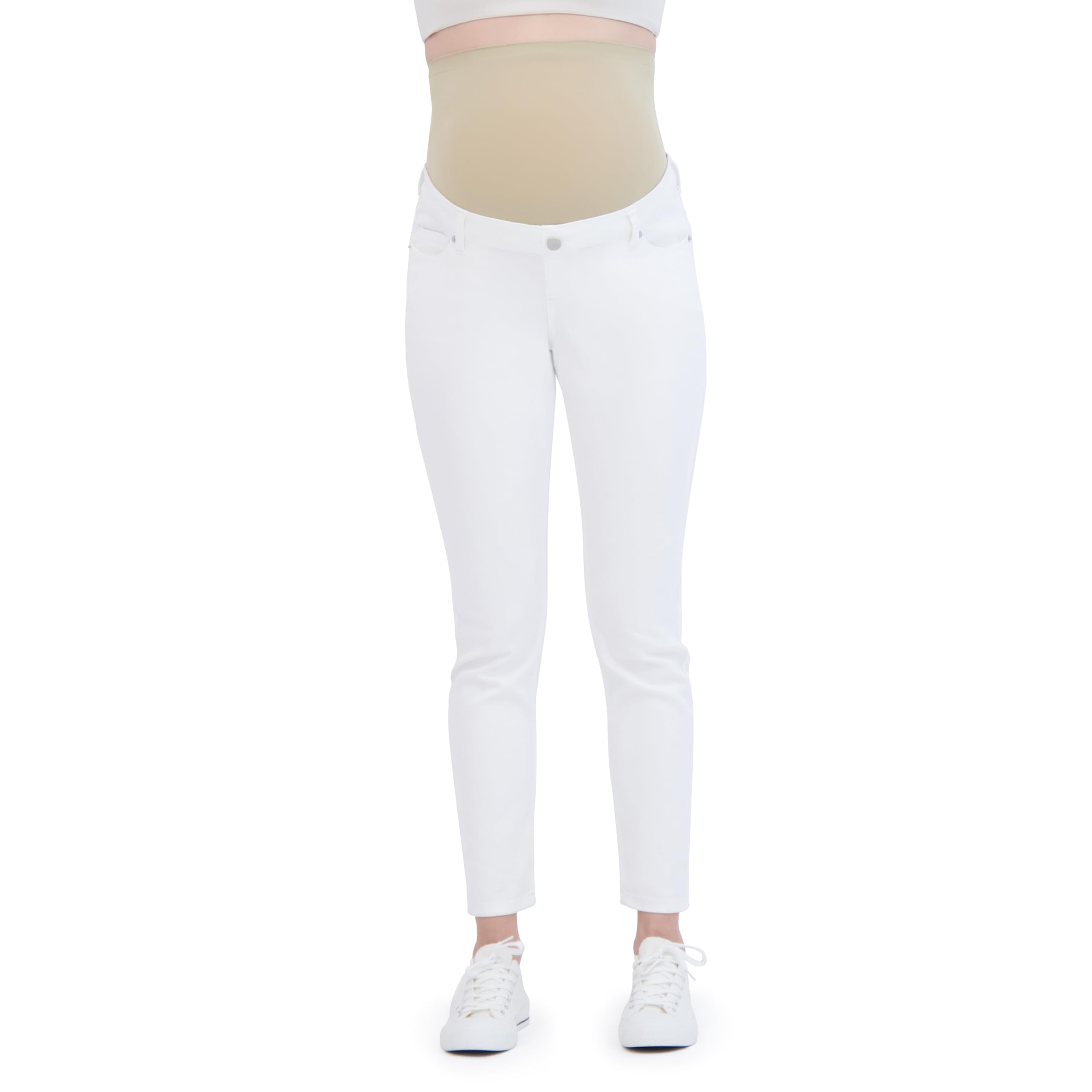Photo 1 of Women’s Maternity Jeans Over The Belly Waistband with Belt Loops -Fall Maternity Clothes-Pregnancy Clothes for All Seasons, Maternity Pants – 29“ Inseam (L, White)