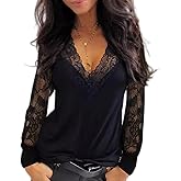 Akivide Womens Long Sleeve Sexy Lace Crochet Dressy Casual V Neck T Shirts Blouses Tunic Tops Slim Fit