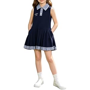 Girls Uniform Dress with Side Pockets Plaid Collar Sleeveless A-Line Dresses Girls Jumper Dress School Casual Daily Wear