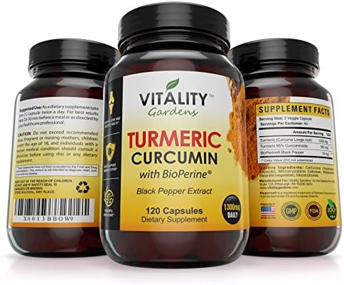 Premium Turmeric Curcumin with Bioperine or Black Pepper, 1300 mg Per Serving,120 Capsules, Non-GMO, Antioxidant, 95% Standardized, Ground Root Powder for Maximum Potency