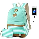 Canvas Backpack Travel Womens Laptop Backpack with USB Charging Port 15.6 inch Casual Daypack Teen Girls Green