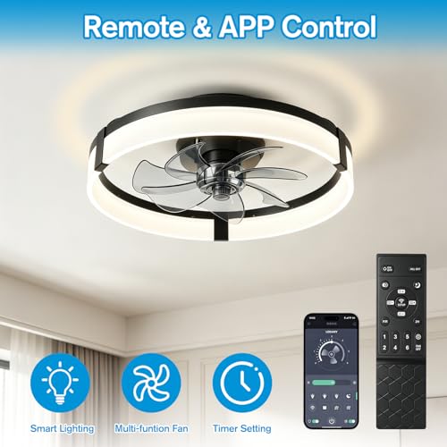Vutlace Ceiling Fans with Lights and Remote Control, 50cm Flush Mount, 6 Speeds & 3000K–6500K Stepless Dimmable Quiet, Modern Black Ceiling Fan for The Bedroom, Kitchen and Living Room