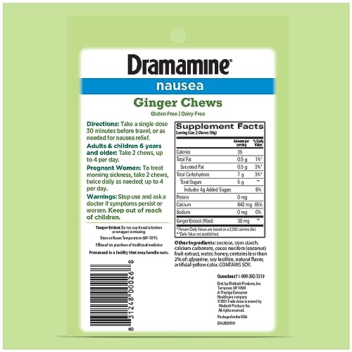 Dramamine Ginger Chews, Nausea Relief Soft Chews LemonHoneyGinger, 20