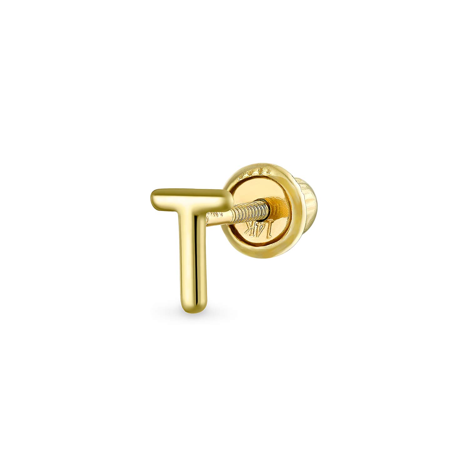 ABC Minimalist Real Yellow 14K Gold Capital Block Alphabet Letter Initial T Cartilage Ear Lobe Piercing 1 Piece Stud Earring Screw Back For Teen Women Men