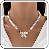Andelaisi Boho Pearl Choker Necklace Gold Imitation Pearl Chain Necklace Vintage Crystal Butterfly Necklace Shiny Cz Paved Butterfly Necklace Choker Jewelry for Women