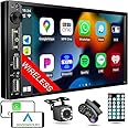 Wireless 7 inch Double Din Car Stereo with Apple Carplay,Bluetooth FM Car Radio,Backup Camera,HD IPS 1024 * 600 Touch Screen,Mirror Lin,Build-in Mic/USB/AUX/Android Auto/SWC/Audio
