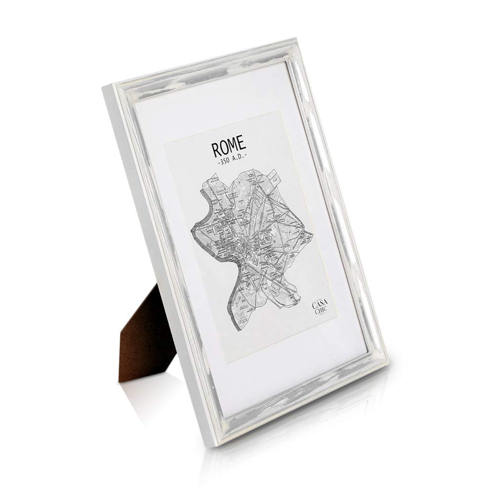 Antic by Casa Chic Solid Wood Shabby Chic Photo Frame A4 Frame Glass Front With Picture Mount for 8x6 inch Photo 1 Frame 2 Centimetre Edge Width Distressed White and Silver