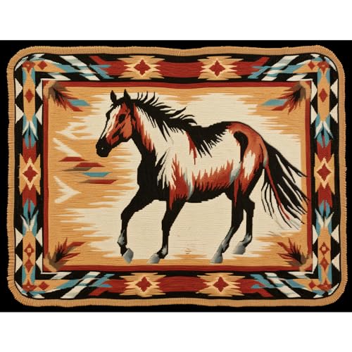 Running American Native Indian Horse Latch Hook Rug Kits Crochet Yarn Cushion Embroidery Needlework Rectangle Carpet Mat DIY Hook and Latch Kit Tapestry Christmas Decor 38x52cm(5)