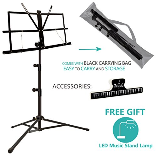 Music Stand, ANKO Professional Collapsible Music Stand with Music Book Clip, LED Music Stand Lamp and Carrying Bag. suitable for Violin, Guitar, Flute and Instrumental Performance. (BLACK-1 PACK)