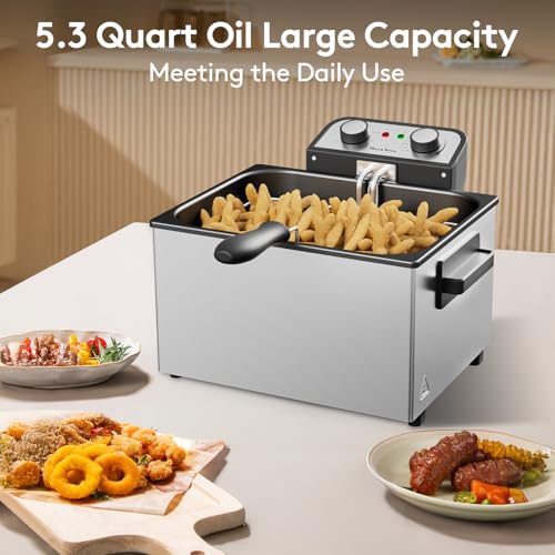 MaznNovo 1800W Deep Fryer with 3 Basket, 5.3QT/21Cup Electric Oil Fryer for Home Use with See-through Window Lid, Adjustable Temperature (Metal Silvery)