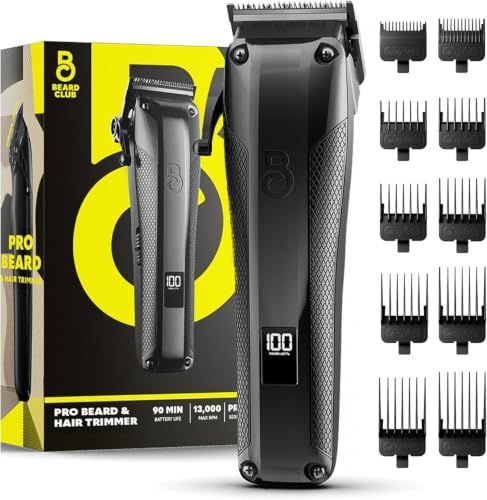 The Beard Club Pro Beard Trimmer for Men - Professional Men's Hair Trimmer for Barbers - Electric Cordless Rechargeable High Power 13,000 RPM - 10 Guides - Taper Lever - Diamond Like Carbon Blades