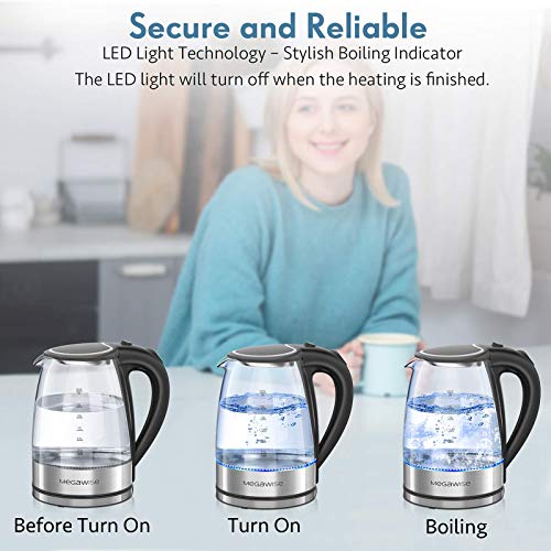 MegaWise 1500W Electric Kettle, 1.8L Borosilicate Glass Tea Kettle with