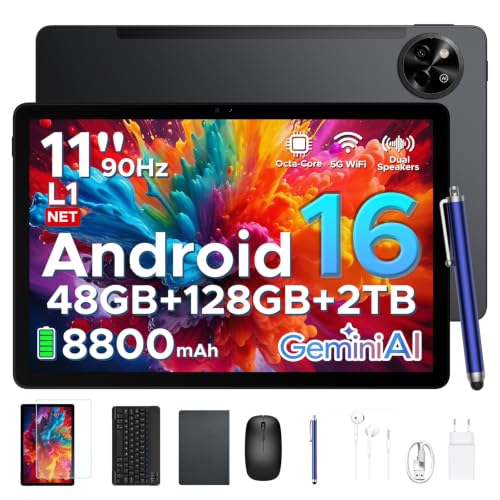 Easerush P11 Tablette 11 Pouces, Tablette Android 16 avec 48Go+128Go/2To TF, Tablette Tactile avec 90Hz Display, T7250, Gemini AI, 8800mAh, 13 MP+5MP, Widevine L1, 5G WiFi, Stylet, Clavier, Noir